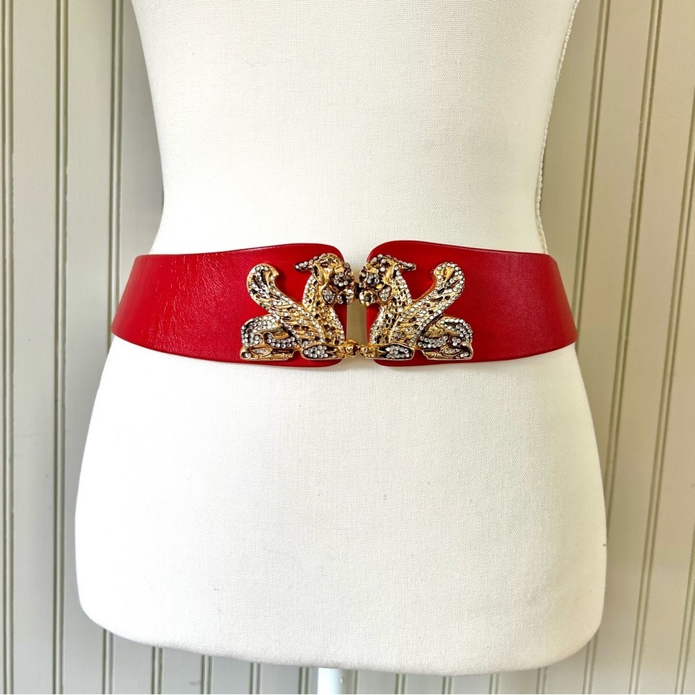 Henryks Bijoux Austrian Crystal Vintage Red Wide Leather Belt with Large Griffon